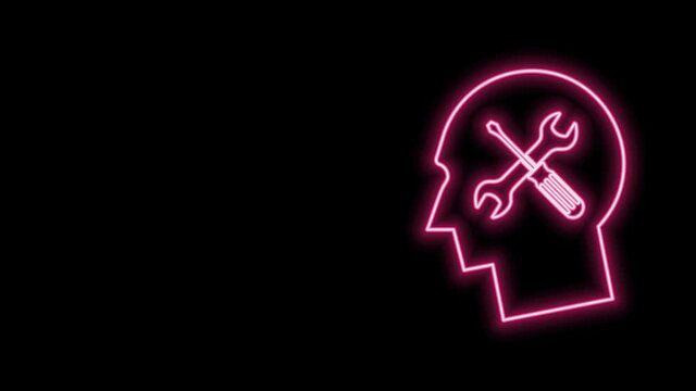 Glowing neon line Human head with with screwdriver and wrench icon isolated on black background. Artificial intelligence. Symbol work of brain. 4K Video motion graphic animation