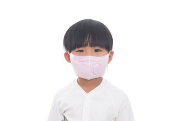 Little girl wearing a mask in front of white background
