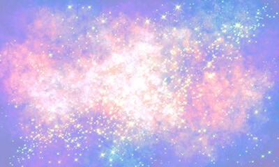 Cosmic deep light blue pink orange shiny background with many stars, sparks, clouds, constellation. Grunge background