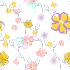 Pink Flowers Blooming Pattern. Pastel Watercolor.