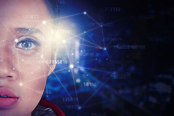 Futuristic woman face with connection network