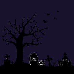 Hand drawn Happy Halloween banner or party invitation background with grave, Pumpkins and flying bats. 