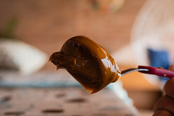 primer plano cucharada de dulce de leche típico y tradicional Argentino hecho de leche de vaca...