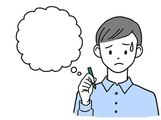 困った顔でペンを持つ若い男性  吹き出し