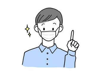 笑顔で右手で指差す若い男性 マスク