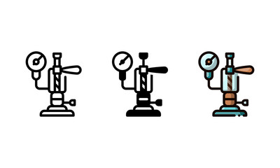 Hydraulic espresso tamper icon. With outline, glyph, and filled outline styles