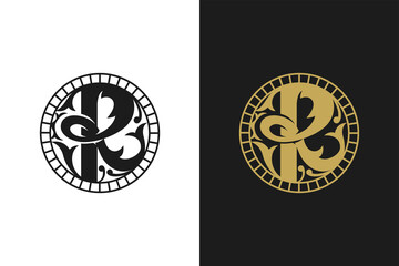letter r logo design template in black  and gold colors. white and black background. vintage style designs. 