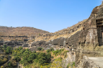 panoramic view of Ajanta Buddhist cave (200 BC to 480 CE), Aurangabad, Maharashtra, India, with Paintings & rock-cut sculptures, the finest surviving ancient Indian art