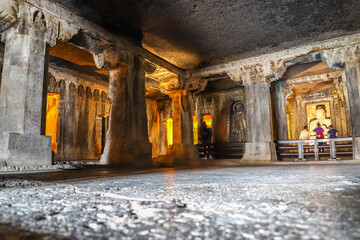 Paintings and rock-cut sculptures described as among the finest surviving examples of ancient Indian art in Ajanta Buddhist cave dated from the 200 BC to 480 CE in Aurangabad, Maharashtra, India