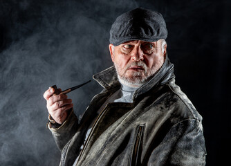 Portrait of a man with a leather jacket, hat and tobacco pipe. Fog can be seen against a dark background.