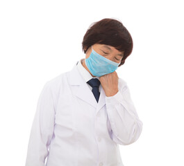 Tired female doctor wearing a mask in front of white background