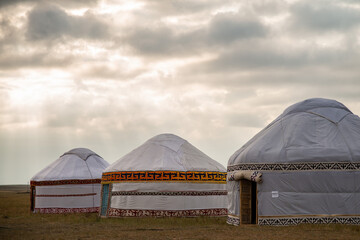 one and several yurts in the Kazakh steppe