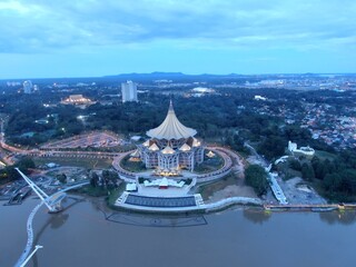 Kuching, Sarawak / Malaysia - October 10 2020: The iconic landmark building of Dewan Undangan Negeri (DUN) of Sarawak at Waterfront area of Kuching city