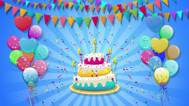 happy birthday 4k loop animation, animated confetti,cake ,candles and balloons footage