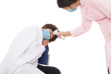 The nurse is taking the temperature of the tired doctor