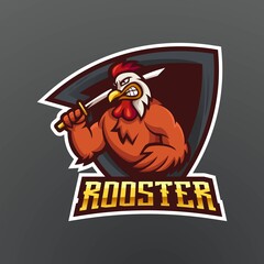 Rooster mascot logo design vector with modern illustration concept style for badge, emblem and t shirt printing. A rooster carrying a sword for sport and e-sport team