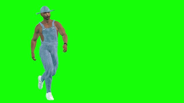 3d animation of a afro American farmer wearing a hat and overalls, walks along and stops to plant something.