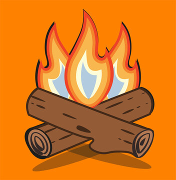 Campfire vector cartoon style illustration - Crossed logs and fire flames on an Orange background