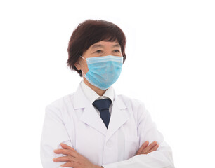 Female doctor holding arms wearing mask standing in front of white background