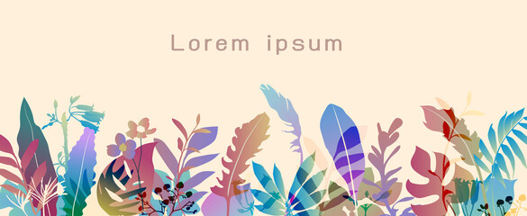 Vector colorful gradient botanic horizontal background with space for text. Tropical branch template for websites, event invitations, greeting cards, banners, design with flat style.