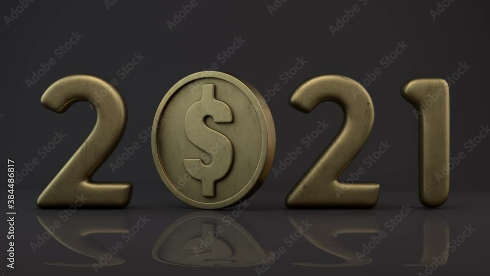 Poster 3d animation of the new year's date 2021. the date is formed by a gold text with scratches and a gol