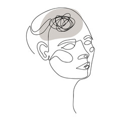 Line Drawing of Human Head With Confused Thoughts In His Brain. Vector Illustration For Therapist And Psychologist