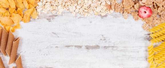 Frame of natural food containing carbohydrates, minerals and dietary fiber, healthy nutrition...