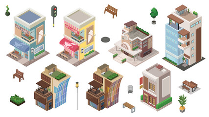 Vector isometric set of building and other element.