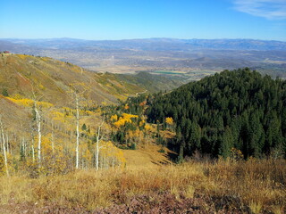 Wasatch Mountains in shades of Autumn and the mountain valleys beyond, Millcreek Canyon, Salt Lake City, Utah