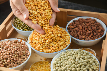 Various sources of vegetable protein beans, lentils, peas, chickpeas, mung bean in bowls. Indian...