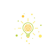 Green bulb with brain and rays flat icon. Isolated on white. New business idea. smart, clever, creative