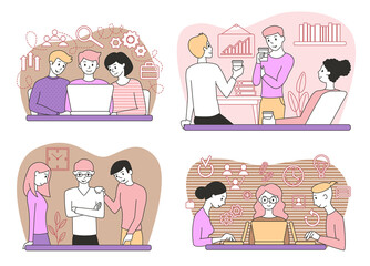 Teamwork. People in the office. Set of business concepts. Black outline. Vector illustration.