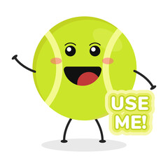 Cute flat cartoon tennis ball illustration. Vector illustration of a cute tennis ball with a smiling expression.