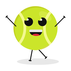 Cute flat cartoon tennis ball illustration. Vector illustration of a cute tennis ball with a smiling expression.