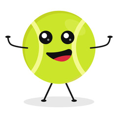 Cute flat cartoon tennis ball illustration. Vector illustration of a cute tennis ball with a smiling expression.