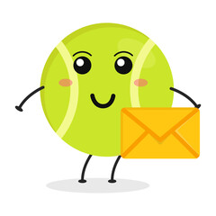 Cute flat cartoon tennis ball holding an envelope illustration. Vector illustration of a cute tennis ball with a smiling expression.