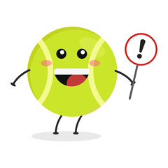 Cute flat cartoon tennis ball holding a sign illustration. Vector illustration of a cute tennis ball with a smiling expression.