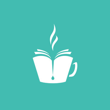 open book as a hot cup of coffee with steam. Reading club, book club, hobby logo logo
