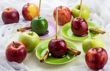 apples and toffy apples on white background