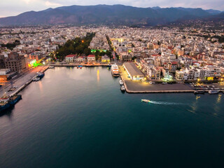Aerial view of Kalamata port at dusk, one of the biggest ports in Peloponnese, Greece