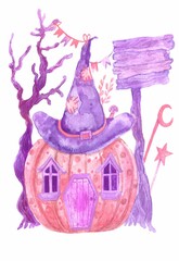 watercolor illustration of a cute pink and purple pumpkin Witch house with a witch hat on top, a scary tree, a wooden sign post with space for your text here. Halloween greeting card