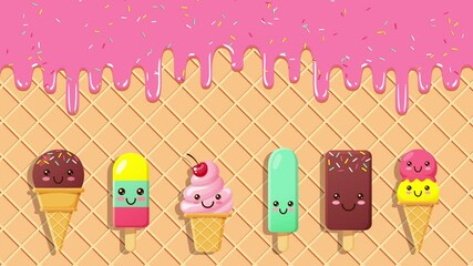 colorful ice cream animation,wafer and cream melting background ,animated glaze 