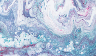 Abstract liquid marble texture. Light blue color with purple and pink veins. Mixing acrylic paints, modern fluid art. Top view