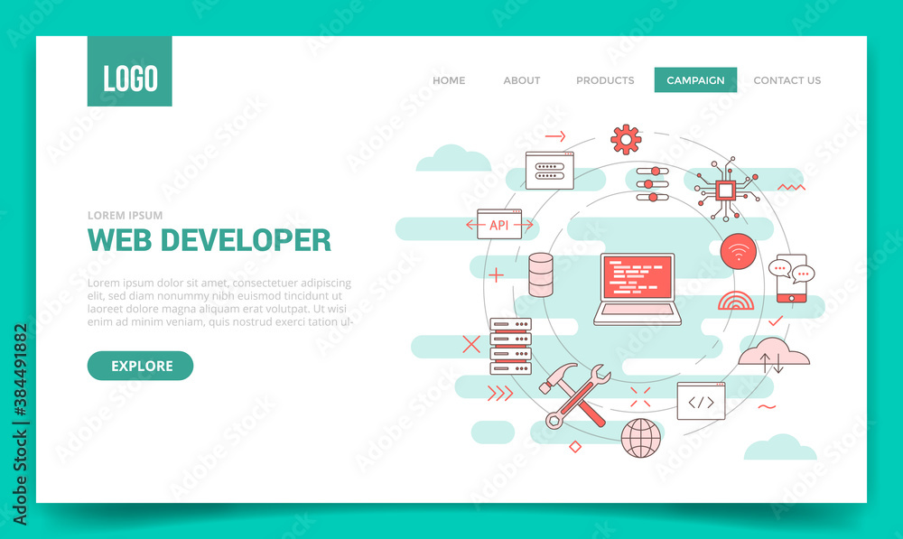 Poster web developer concept with circle icon for website template or landing page banner homepage