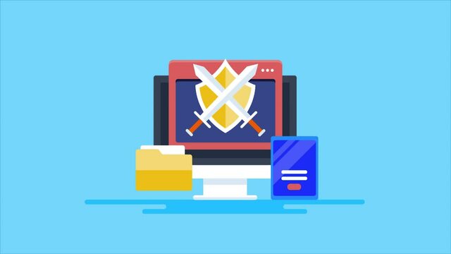Internet security & data protection concept. Shield with sword, secure password login access, data privacy, information technology, security software application for mobile & pc concept. 2d animation.