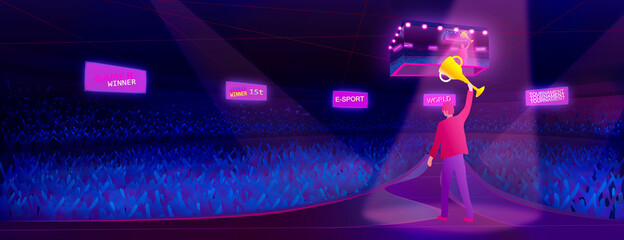 View from back , E-sports athletes showing trophie on the stage after winning the match with background spectators congratulate the competition in a large auditorium,illustration picture.