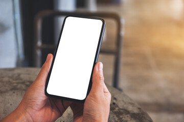 Mockup image of a woman holding mobile phone with blank white desktop screen
