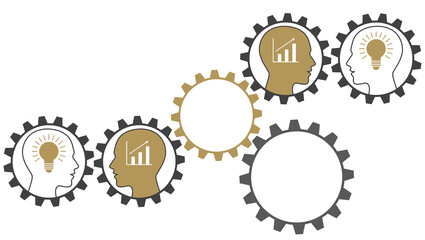 gears with human heads, bulbs and success statistics as a concept for company success and teamwork with copy space, white, gold and grey, vector illustration
