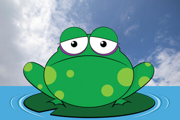 Comical miserable looking frog sat on a lily pad set against a blue cloudy daytime sky