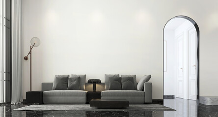 Modern cozy mock up furniture and living room interior design and arc wall pattern background /3D rendering